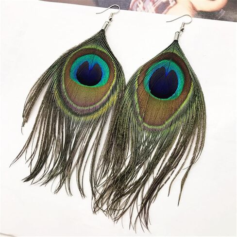 Bohemian Long Peacock Feather Earrings for Women Girls Boho Handmade Vintage Colorful Animal Fur Tassel Chandelier Lightweight Elengant Dangle Drop Earrings for Ethnic Style Party Festival Jewelry Gifts in Saudi Arabia