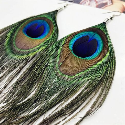 Bohemian Long Peacock Feather Earrings for Women Girls Boho Handmade Vintage Colorful Animal Fur Tassel Chandelier Lightweight Elengant Dangle Drop Earrings for Ethnic Style Party Festival Jewelry Gifts in Saudi Arabia