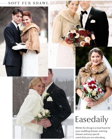 شالات وأغطية من الفرو للسيدات من EASEDAILY وشاح من الفرو الصناعي لحفلات الزفاف وغطاء شتوي مع بروش للعروس in Kuwait
