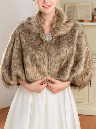 شالات وأغطية من الفرو للسيدات من EASEDAILY وشاح من الفرو الصناعي لحفلات الزفاف وغطاء شتوي مع بروش للعروس in Kuwait