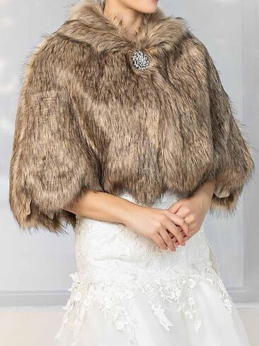 شالات وأغطية من الفرو للسيدات من EASEDAILY وشاح من الفرو الصناعي لحفلات الزفاف وغطاء شتوي مع بروش للعروس in Kuwait