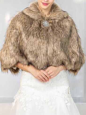 شالات وأغطية من الفرو للسيدات من EASEDAILY وشاح من الفرو الصناعي لحفلات الزفاف وغطاء شتوي مع بروش للعروس in Kuwait