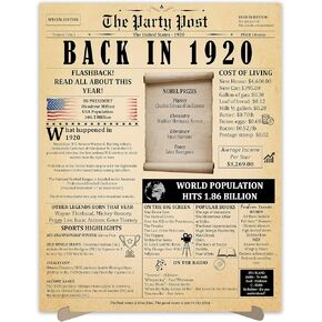 104th Birthday Party Decorations Poster - 104 Years Ago Anniversary Sign 11x14 In. Vintage Home Decor Supplies for Her or Him. Back In 1920 Historical Banner for Girl or Boy Turning 104 Years Old