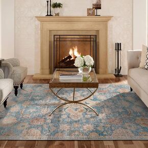 Washable Area Rug, 5'x 7' Living Room Rug with Non Slip Backing, Distressed Non-Shedding Vintage Rug, Floor Mat Indoor Blue Rug for Bedroom Kitchen Living Room Office(Blue/White,4'x 6')