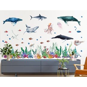 Large 3D Under The Sea Coral Seaweed Wall Sticker Ocean Fish Sea Turtle Shark Whale Wall Decal Removable DIY Ocean Life Grass Wall Decor for Kids Nursery Bathroom (Fish and Seaweed)