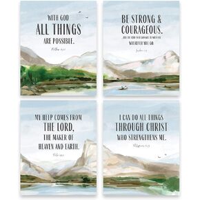 I Can Do All Things Through Christ Bible Verse Poster Set - 4-piece Christian Wall Decor - Joshua 1 9 Wall Art - Panoramic Mountain Bible Verse Wall Art - 8x10 Unframed
