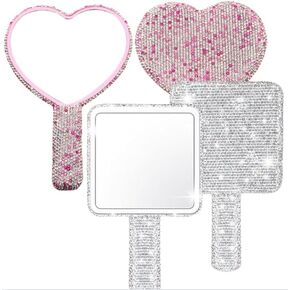 Set of 2 Handheld Handbag Mirrors - Pink Heart & Silver Square Rhinestone Encrusted, Durable Glass & Acrylic, Compact for Travel - Glamorous Beauty Accessory for Daily Use Home or Out
