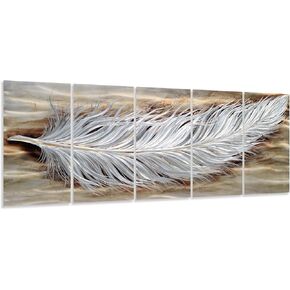 Yihui Arts Rustic Feather Metal Wall Art, Brown and Silver Aluminum Artwork, 5 Panels Artwork for Living Room Farmhouse Dinning Office Decor