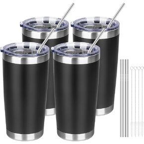 20oz Insulated Tumblers with Lids and Straws Stainless Steel Coffee Tumbler Cup Double Wall Vacuum Travel Coffee Mugs for Home, Office, Outdoor(Black,1 Pack)