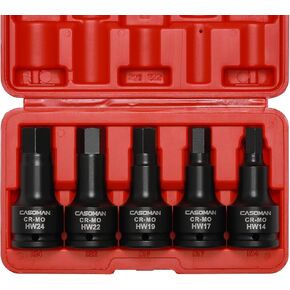 CASOMAN 3/4 Inch Drive Impact Hex Driver Set, 5-Pieces, SAE, 3/4", 7/8", 1", 1-1/8", 1-1/4", 3/4" Drive Master Impact Hex Bit Set, CR-MO, Impact Grade, One-Piece Construction