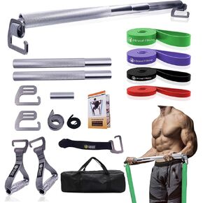 J Bryant Fitness Heavy-Duty Resistance Band Bar with Resistance Bands, E-Shaped Hook Design, 500lb Load Capacity, Anti-Slip Surface, Carry Bag Included, for Strength Training and Fitness