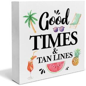Summer Beach Wood Box Sign Desk Decor Good Times and Tan Lines Wood Block Sign Decor for Home Cabin Beach House Outdoor Shelf Wall