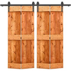 40 in. x 84 in. Mid-Bar Series Smoke Gray Stained DIY Wood Double Bi-Fold Barn Doors with Sliding Hardware Kit