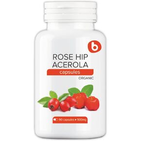 b Organic Rose Hips & Acerola Vitamin C Organic Capsules, Natural Plant Based Vitamin C without Ascorbic Acid, Vitamin C 1000mg, for Immune and Collagen Support (90 Capsules)