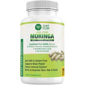 Moringa Capsules, 180 Vegan Pure Oleifera Leaf Powder Pills, 1200mg Per Serving, Non-GMO and Gluten-Free Supplement, 3 Months Supply, Immune System Support, Metabolism and Energy Booster