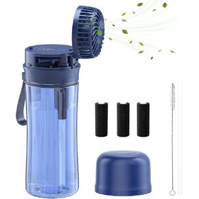 HandFan Bottle - 20 oz, 2 Lids (Straw Lids), Leak Proof - Fitness Water Bottles and Flasks with Cooling Handheld Fan for Men, Women and Children - Valentine's Day Gift for Men or Women - Blue
