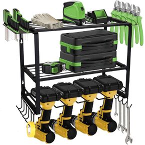 حامل حائط ShineMe لتنظيم أدوات المرآب، منظم أدوات كهربائية عالي التحمل مع 4 حوامل مثقاب، رف تخزين معدني متعدد الوظائف من 3 طبقات لورشة العمل، المرآب، غرفة الأدوات in Kuwait