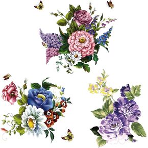 3Pcs Peony Rose Lavender Butterfly Flower Wall Stickers Beauty Flowers Decals Self Adhesive Removable Waterproof Vinyl Art Murals for Living Room Bedroom Toilet Restroom House DIY Decoration (Style D)