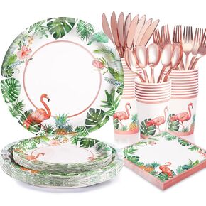 175Pcs Hawaiian Luau Party Decoration, Luau Plates and Napkins Party Supplies, Flamingo Plates for Party, Tropical Plates for Beach Theme Party Decoration, Serves 24 Guests
