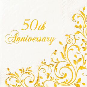 Crisky Gold Foil 50th Anniversary Cocktail Napkins for Golden Wedding Party Decoration, 3-Ply Disposable Beverage Dessert Napkins, 50 Counts