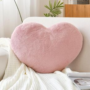 Heart Pillow, Soft Beige Heart Shaped Pillow, Cute Faux Rabbit Fur Room Decorative Throw Pillow, 12.9"x9.8" Embroidery Heart Plush Cushion for Couch Bed Kid Girls Women Valentine's Day Gift