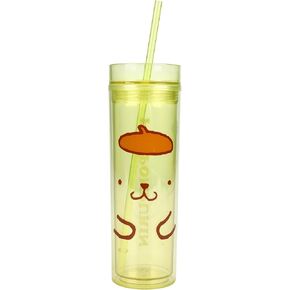 Bioworld Pom Pom Purin 16 Oz Yellow Slim Plastic Cup With Straw