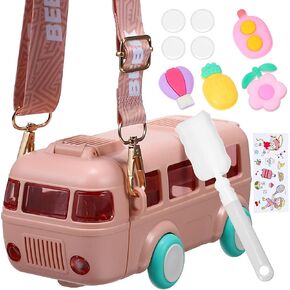 Kisangel 1pc Portable Water Cup In Bus Shape Car Straw Water Cup with Shoulder Strap Brush Stickers