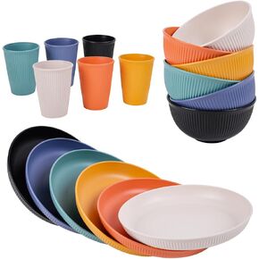 18 Piece Wheat Straw Dinnerware Sets, Kitchen Plates and Bowls Set HXYPN Unbreakable Dinnerware Set Reusable Plates Set dishes set Dishwasher and Microwave Safe Plates
