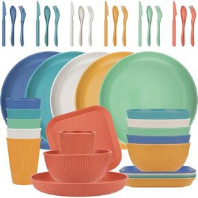 Dinnerware Sets, 42-Piece Kitchen Plates and Bowls Sets, Wheat Straw Dinnerware Set Service for 6, Lightweight Unbreakable Plastic Plate Set, Dishwasher Microwave Safe Dish Set Outdoor Plates