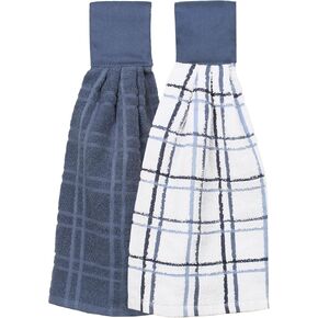 Ritz Premium 100% Cotton Solid and Multi Check Kitchen Tie Towel, Absorbent, Super Soft, and Fast Drying Hang Towel, Set of Two, Black