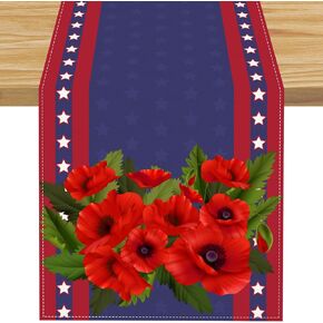 Linen Red Poppies Veterans Day Table Runner Veterans Day Memorial Day 4th of July Fourth of July Labor Day Patriotic Holiday Table Decorations 13x72 Inch