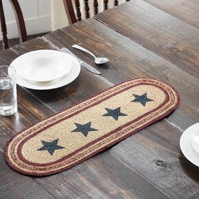 VHC Brands Potomac, Braided Jute Table Runner, Oval, Stars, Red Tan Blue, 8x25