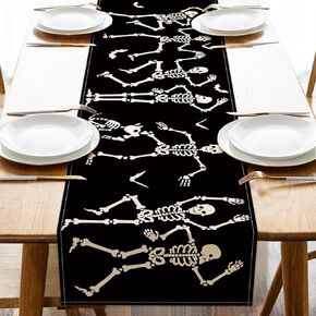 Halloween Spooky Skeleton Black Table Runner, Gothic Bat Kitchen Dining Table Decoration, Funny Holiday Burlap Indoor Outdoor Home Decor Party Supply 13 x 72 Inch