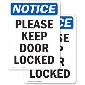 (2 Pack) Please Keep Door Locked OSHA Notice Sign 5 Inch X 7 Inch Vinyl Label Decal Sticker Weather Resistant, UV Protected for Workplace, Business, and Construction Site, Made in the USA