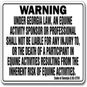 GEORGIA Equine Sign activity liability warning statute horse farm barn stable, 18" X 24" Aluminum