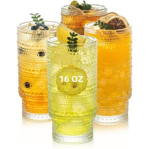 KEMORELA Elegant Highball Glassware Set - 16oz XL Glasses - Mixed Drinks, Iced Coffee, Beer, Juice, Water - Hobnail, Beaded Designs - Set of 4 | Stylish Collection for Any Occasion