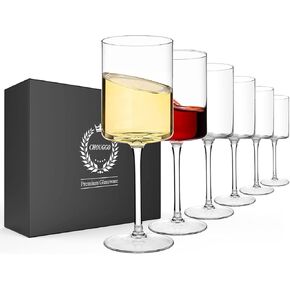 Square Wine Glasses Set of 6, Hand Blown Crystal Red Wine or White Wine Glass 11.4Oz - Hand Crafted by Artisans - Gifts for Women, Men, Wedding, Anniversary, Christmas, Birthday
