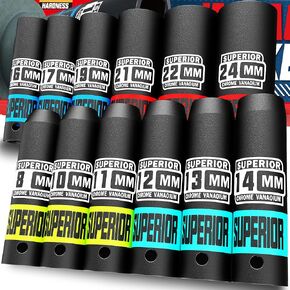 1" Drive Deep Impact Socket Set, SAE, 1 Inch - 2 Inch, Heavy Duty CR-V, 6-Point Design, for Truck Tire Service, Mechanical Equipment Maintance, 9pcs