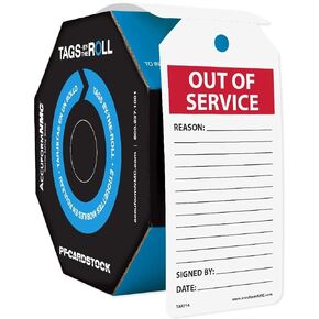 Accuform 100 "Out of Service" Tags by-The-Roll, US Made, PF-Cardstock 6.25" x 3", Red/Black on White, TAR714