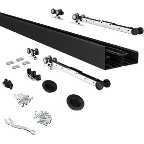 JUBEST 4FT/48" Heavy Duty Bypass Door Hardware with Two-way Soft Close Mechanism, Sturdy Aluminum Bypass Closet Door Track for 2 Door System, Quietly and Smoothly, Easy to Install, Black