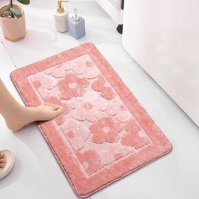 WREWING Flower Rug Bath Mat, Cute Soft Thickened Microfiber Cherry Blossom Floor Mat, Water Absorbent Non Slip Bathroom Rug for Entrance Bedroom Kitchen Bathroom Toilet 20 x 31 Inches (Pink)