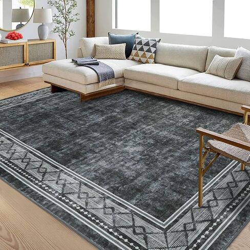 سجادة منطقة كبيرة مقاس 9 × 12 سجادة منطقة قابلة للغسل بحدود حديثة لغرفة المعيشة سجادة ذات حدود هندسية سجادة رمي سجادة مقاومة للانزلاق وغطاء أرضي مقاوم للبقع لديكور المنزل، أزرق مخضر in Kuwait