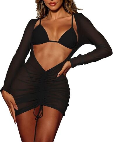 Kisscynest Women's Sexy Swimsuit Coverup Mesh Drawstring Bikini Beach Cover Up Mini Swim Dress in Saudi Arabia