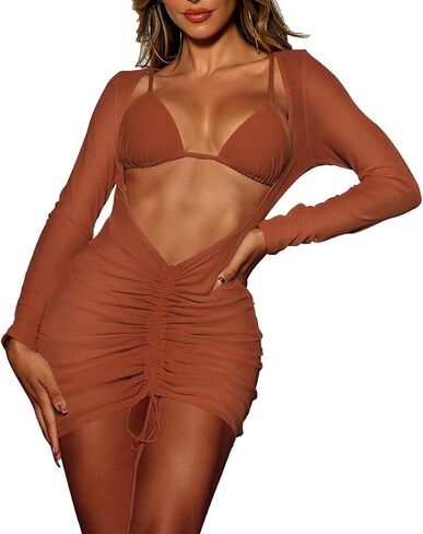 Kisscynest Women's Sexy Swimsuit Coverup Mesh Drawstring Bikini Beach Cover Up Mini Swim Dress in Saudi Arabia