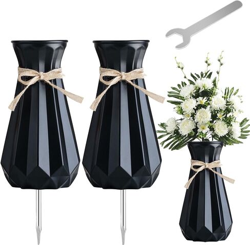 2PCS Cemetery Vases for Grave-Durable Plastic Grave Vases Flower Holder with Metal Spikes Bow Decor for Cemetery Headstones, Outdoor Grave Decorations for Memorial Gifts for Loss of Loved One - Balck in Saudi Arabia