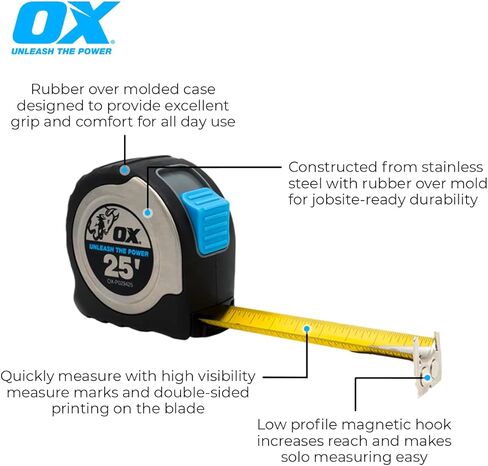 OX Tools Tape Measure 25 ft Pro Stainless Steel Auto Locking Measuring Tape, Tough Shock Proof Casing & smooth retrieval, OX-P029425 in Kuwait