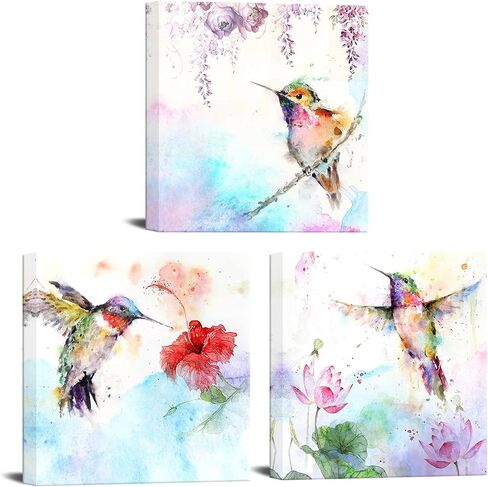 Canvbay 3Pcs Bird Canvas Wall Art Animal Picture Artwork Hummingbirds and Red Purple Flower Canvas Print Abstract Painting Vintage Wall Decor for Bedroom Office Farmhouse 12x12inchx3pcs (Small) in Saudi Arabia