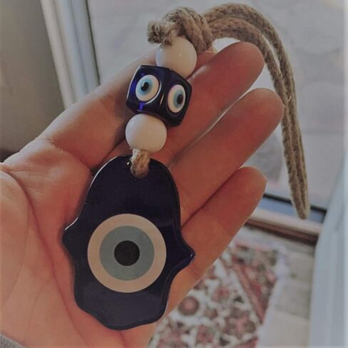 إكسسوارات زينة للسيارة معلقة يدويًا من همسة، زجاج أزرق داكن مع حماية للعين الشريرة in Kuwait