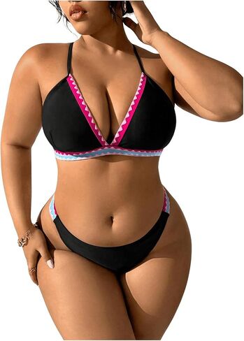 SHENHE Women's 2 Piece Plus Size Chevron Halter Tie Back Thong Beach Bikini Set in Saudi Arabia