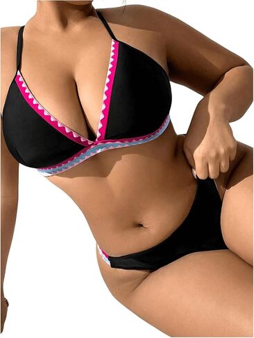 SHENHE Women's 2 Piece Plus Size Chevron Halter Tie Back Thong Beach Bikini Set in Saudi Arabia